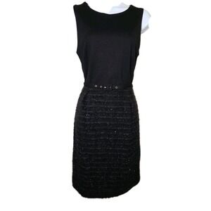 Lesley Evers Black Belted Metallic‎ Fringey Tweed Contrast Sheath Dress Sz S